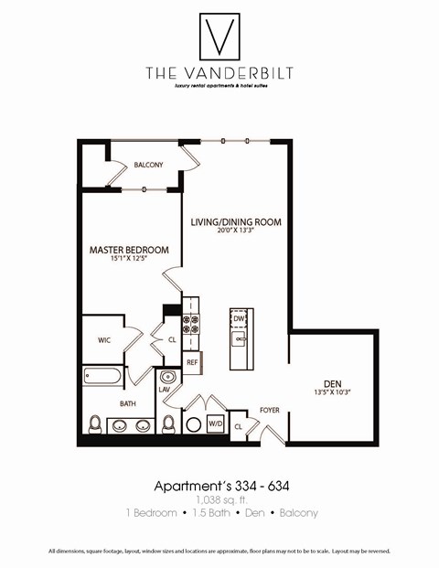Floor plan for 1 bed, 1.5 baths, 1115 sqft